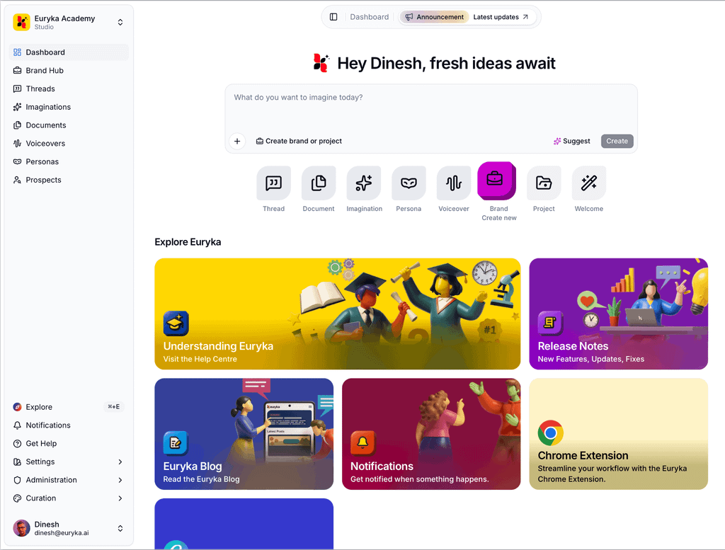 Euryka Academy dashboard showing greeting "Hey Dinesh, fresh ideas await" with navigation menu and feature cards.