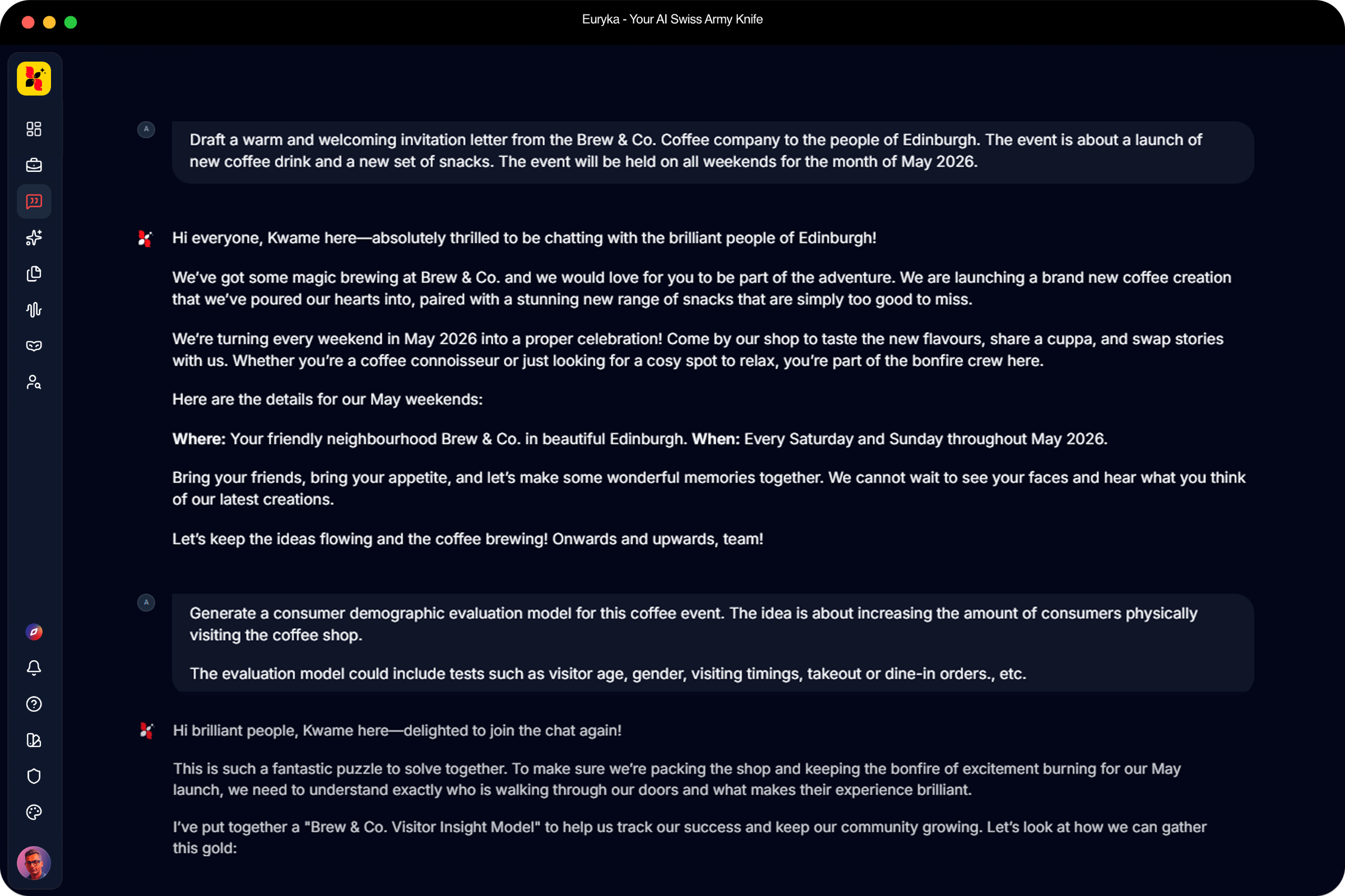 Threads feature — persistent brand context and AI orchestration inside Euryka
