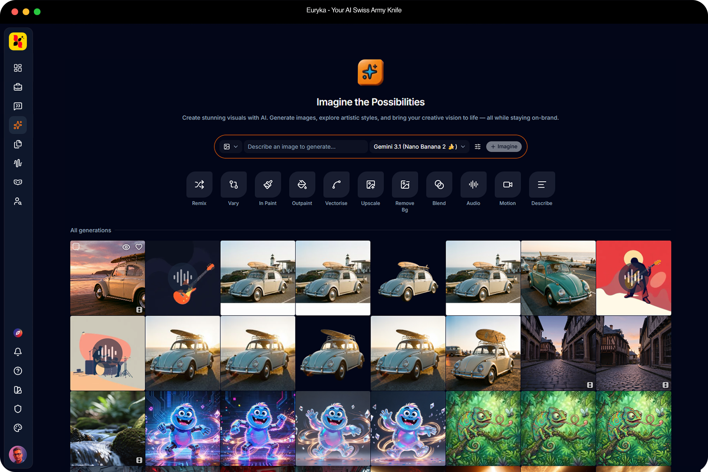 Imaginations feature — AI image and video generation inside Euryka