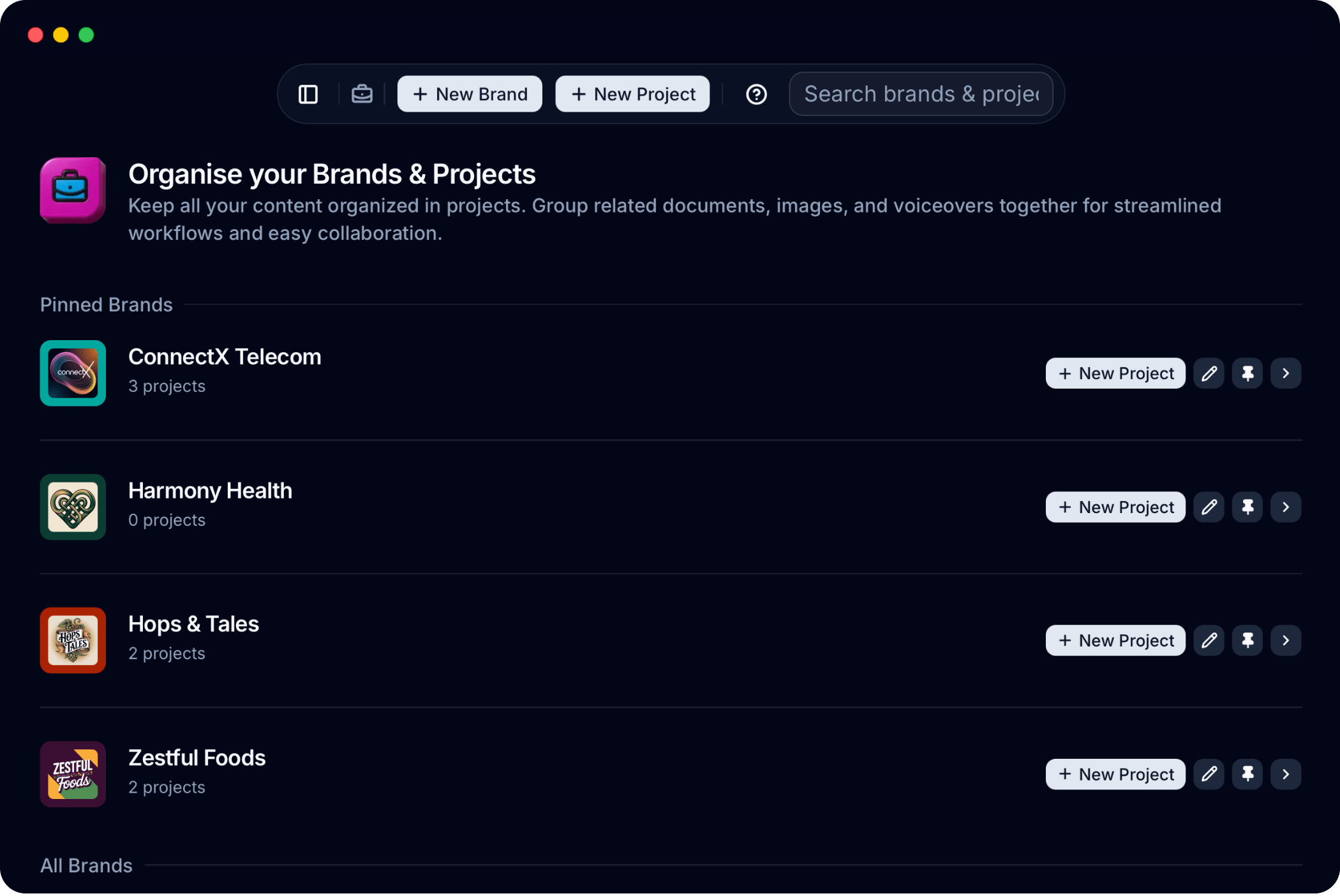 Brand Hub interface showing voice guidelines, guardrails and brand files