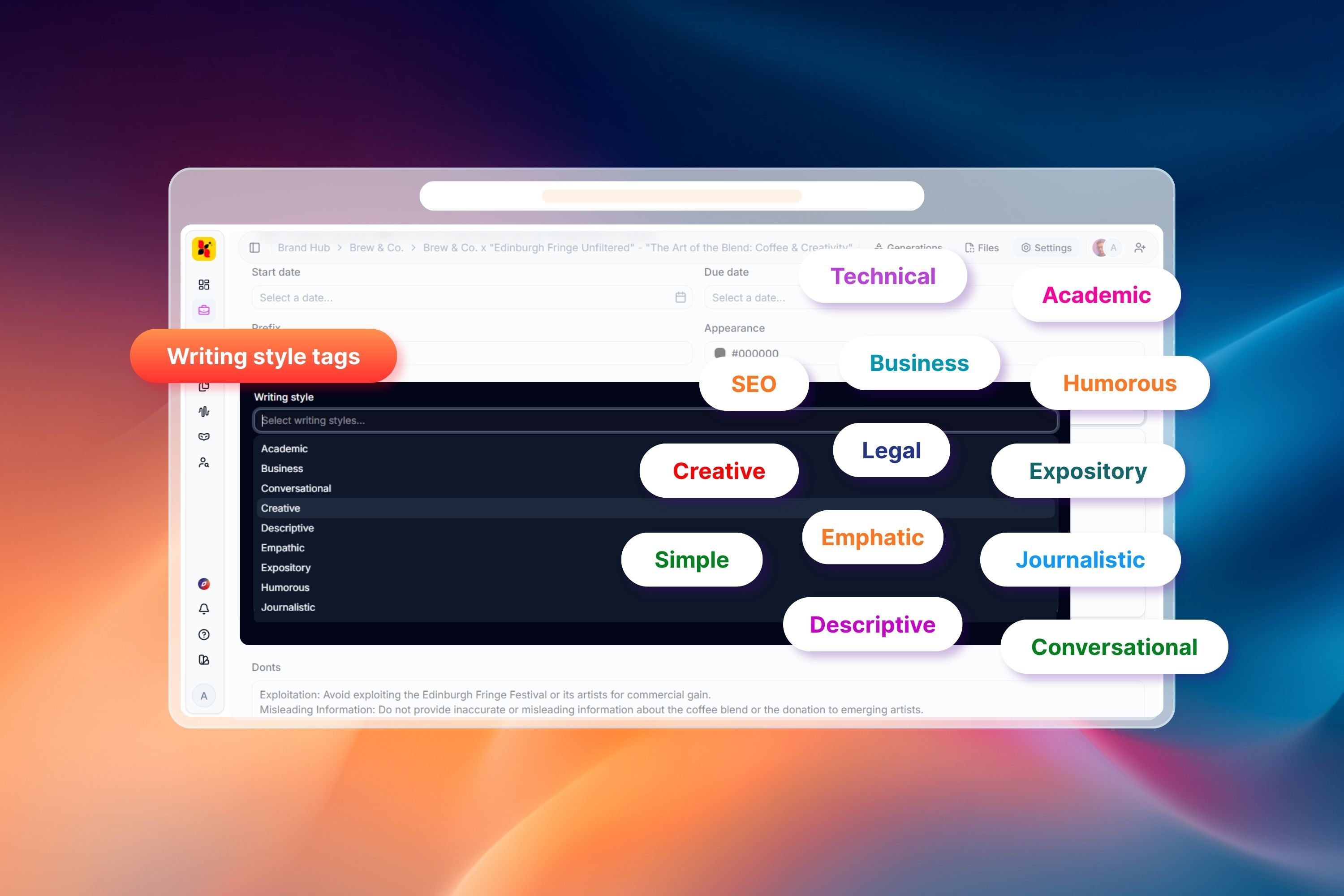 Writing style tags interface in the Euryka Brand Hub