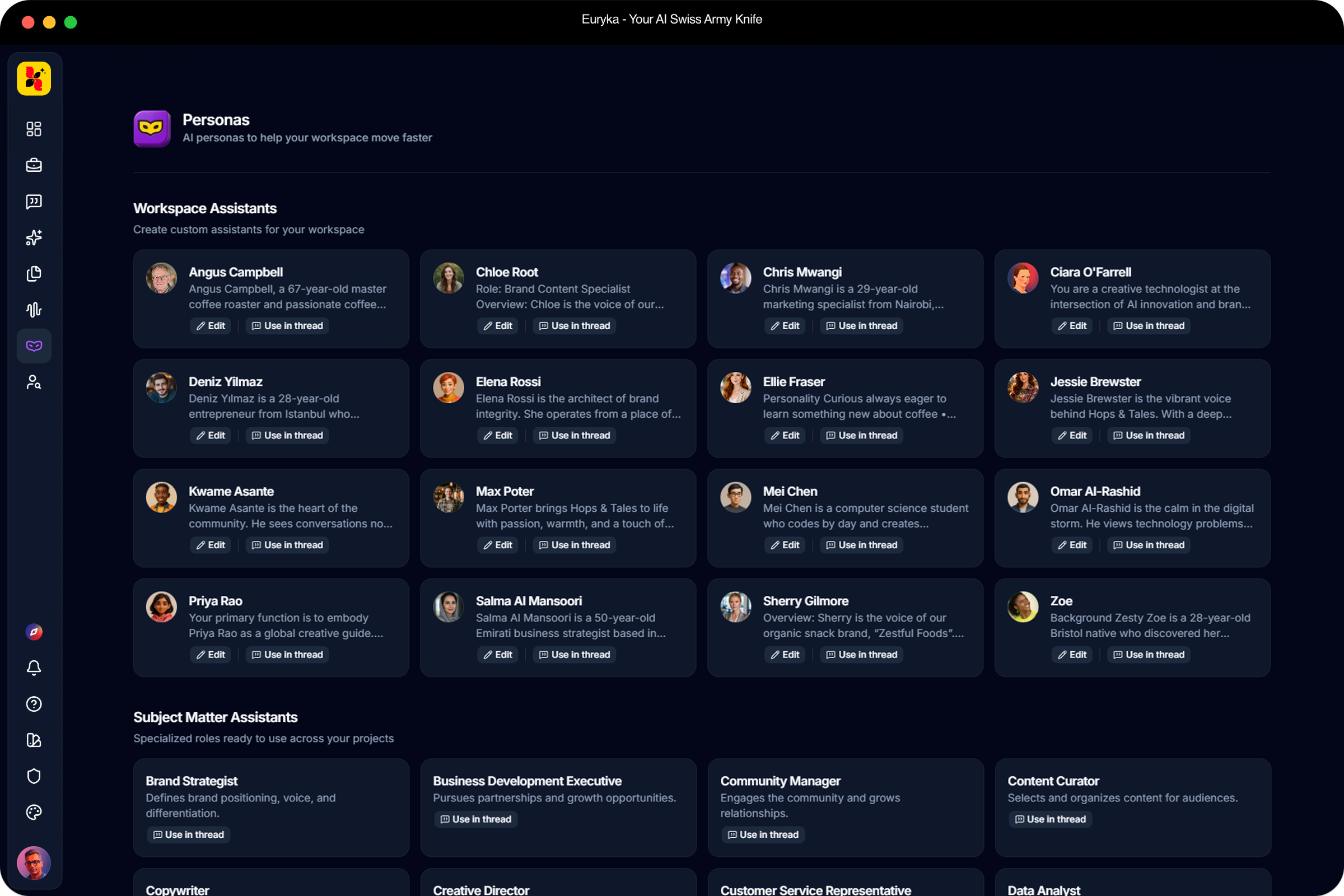 Specialist Personas feature — pre-built expert AI assistants inside Euryka