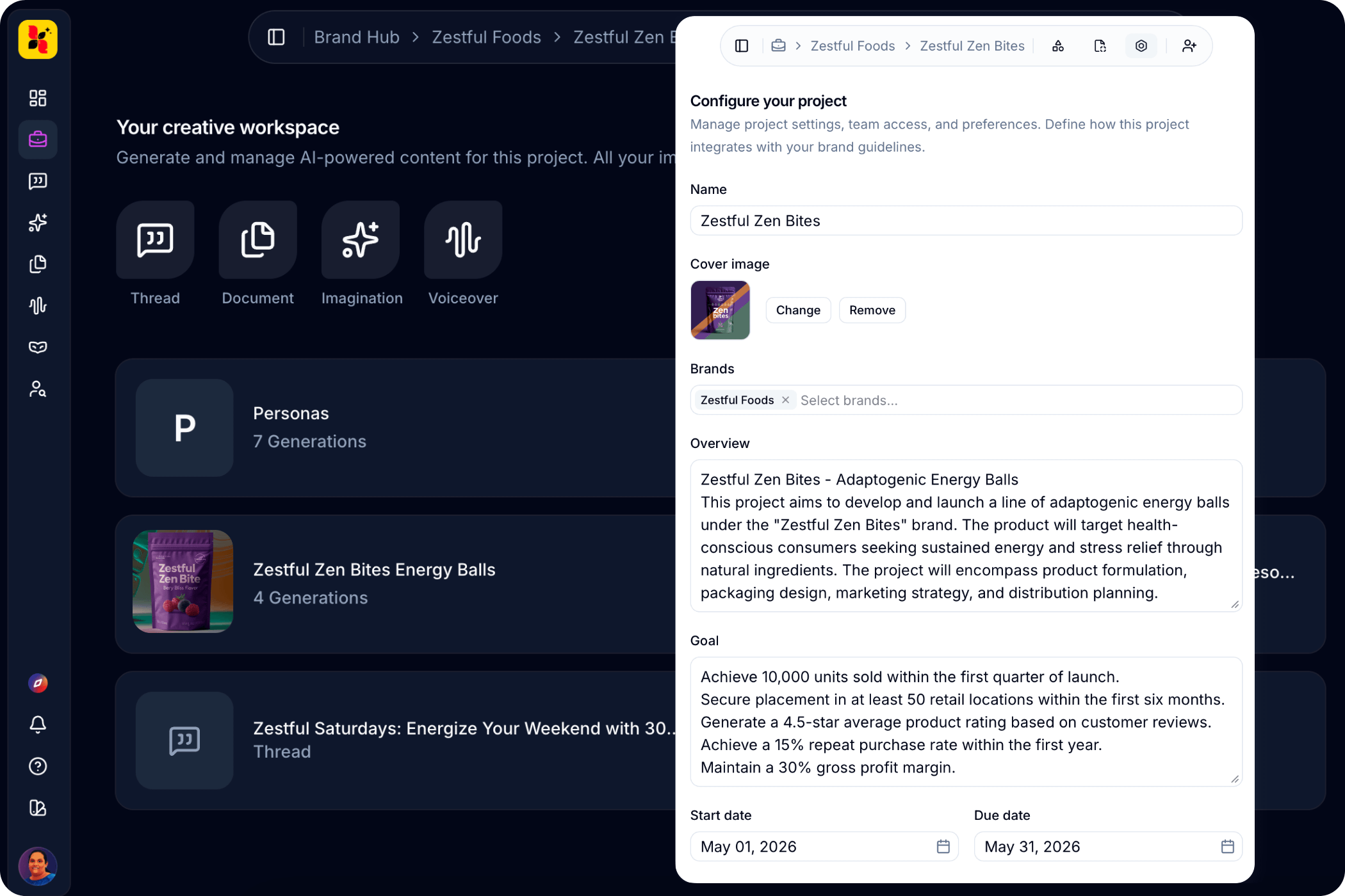 Projects interface showing campaign-level briefs and multi-brand organisation