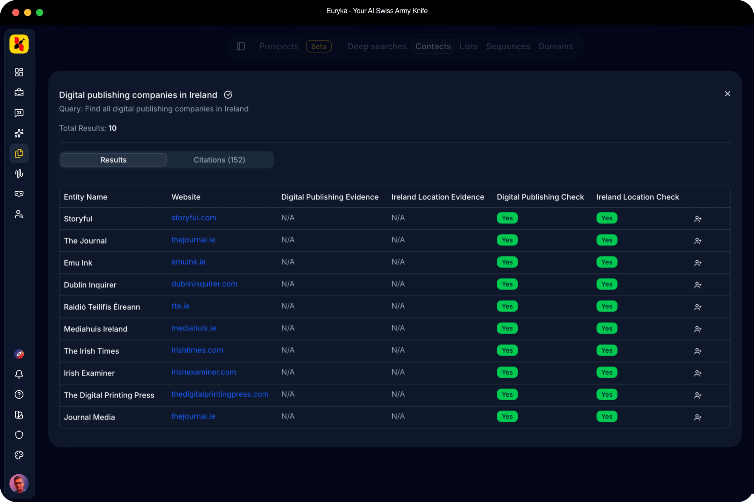Deep Search interface showing natural language prospect queries and enriched contact profiles