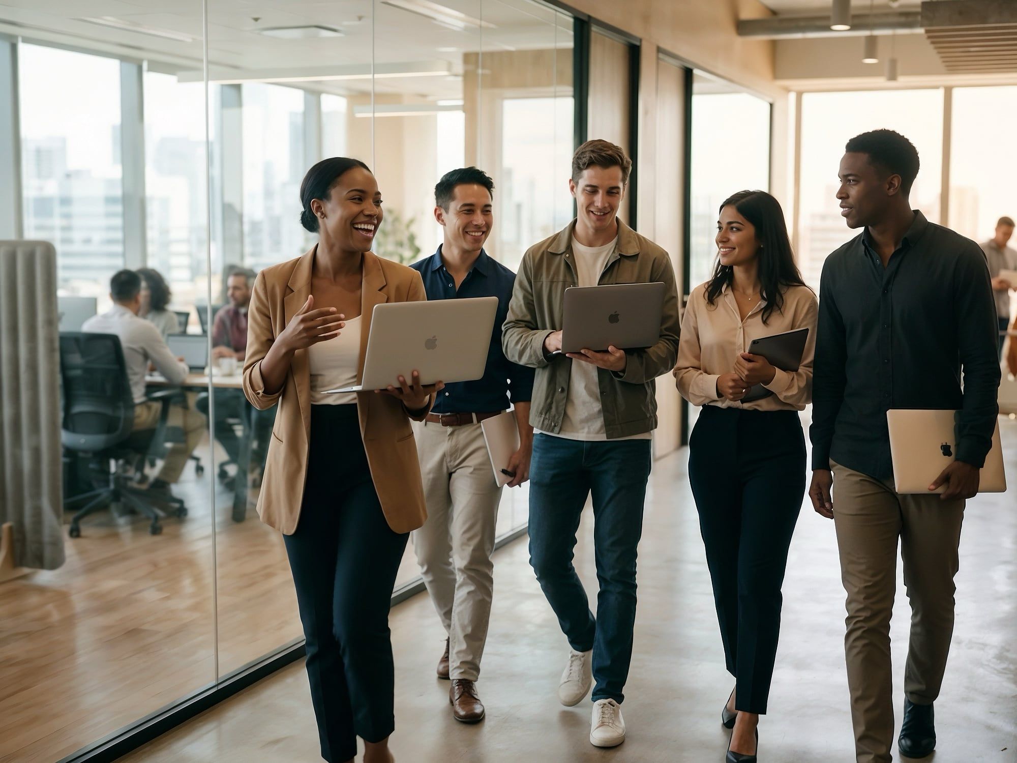 A team collaborating in a sunlit office