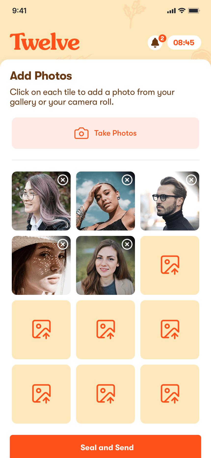 The Add Photos screen part-filled: five portraits picked from the camera roll sit in the first tiles, each with a small remove cross, and seven empty slots remain &mdash; so the twelve are countable on the screen. No size picker, no finish picker, no basket; a single Seal and Send button sits at the foot.