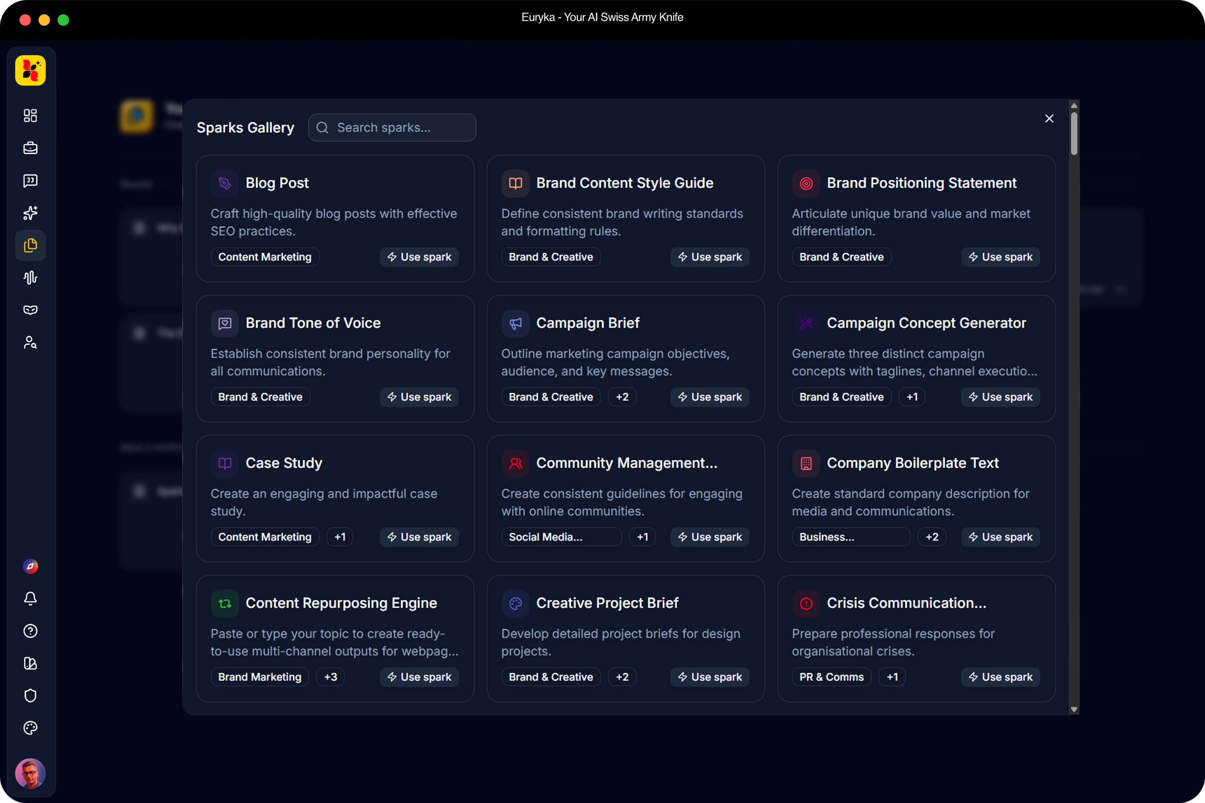 Sparks feature — 60+ ready-to-use content templates inside Euryka
