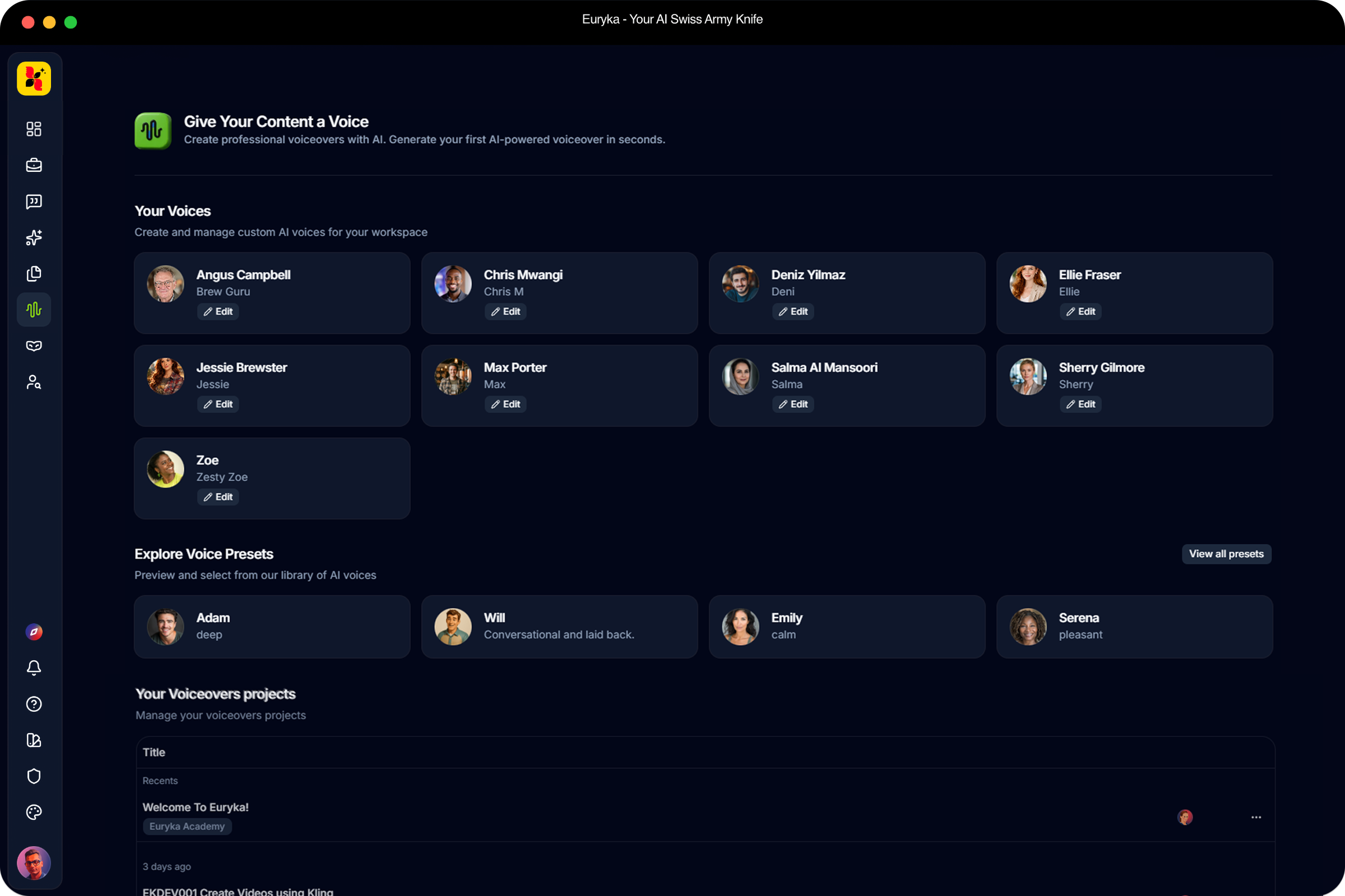 Voiceovers feature — AI voice generation in 30+ languages inside Euryka