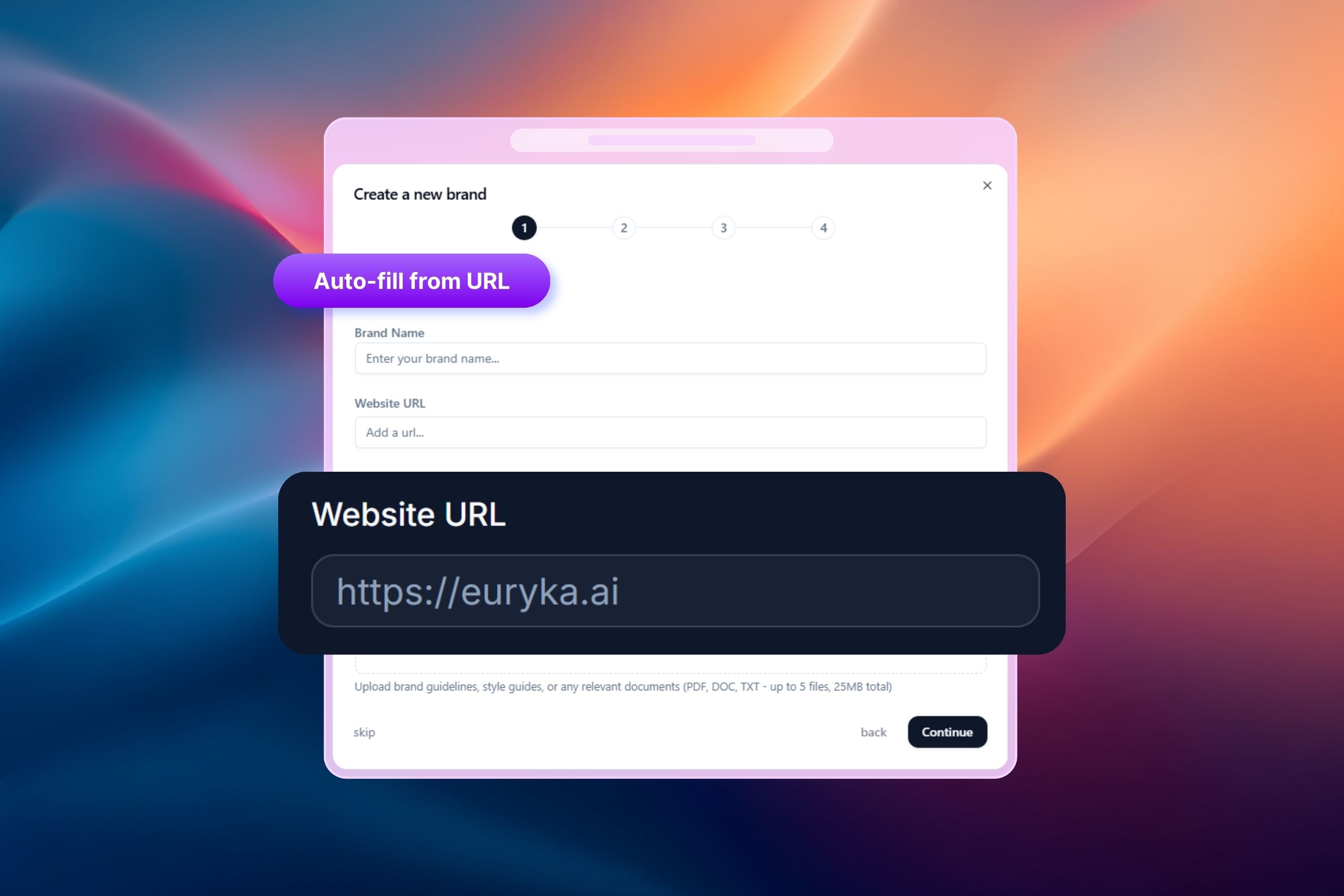 Auto-fill from URL feature in the Euryka Brand Hub
