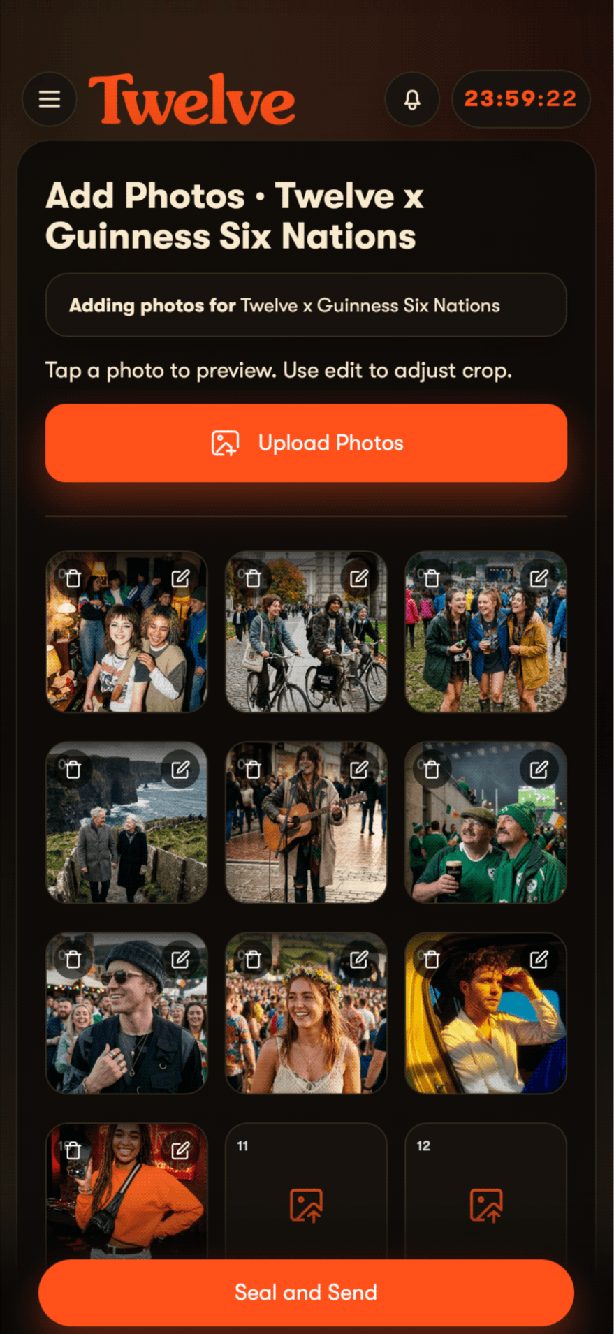 The Add Photos screen, headed &ldquo;Add Photos &middot; Twelve x Guinness Six Nations&rdquo;, with a countdown clock running in the top corner: an Upload Photos button, then a grid of twelve tiles with ten filled by supporter photographs and two still empty, above a single &ldquo;Seal and Send&rdquo; button.