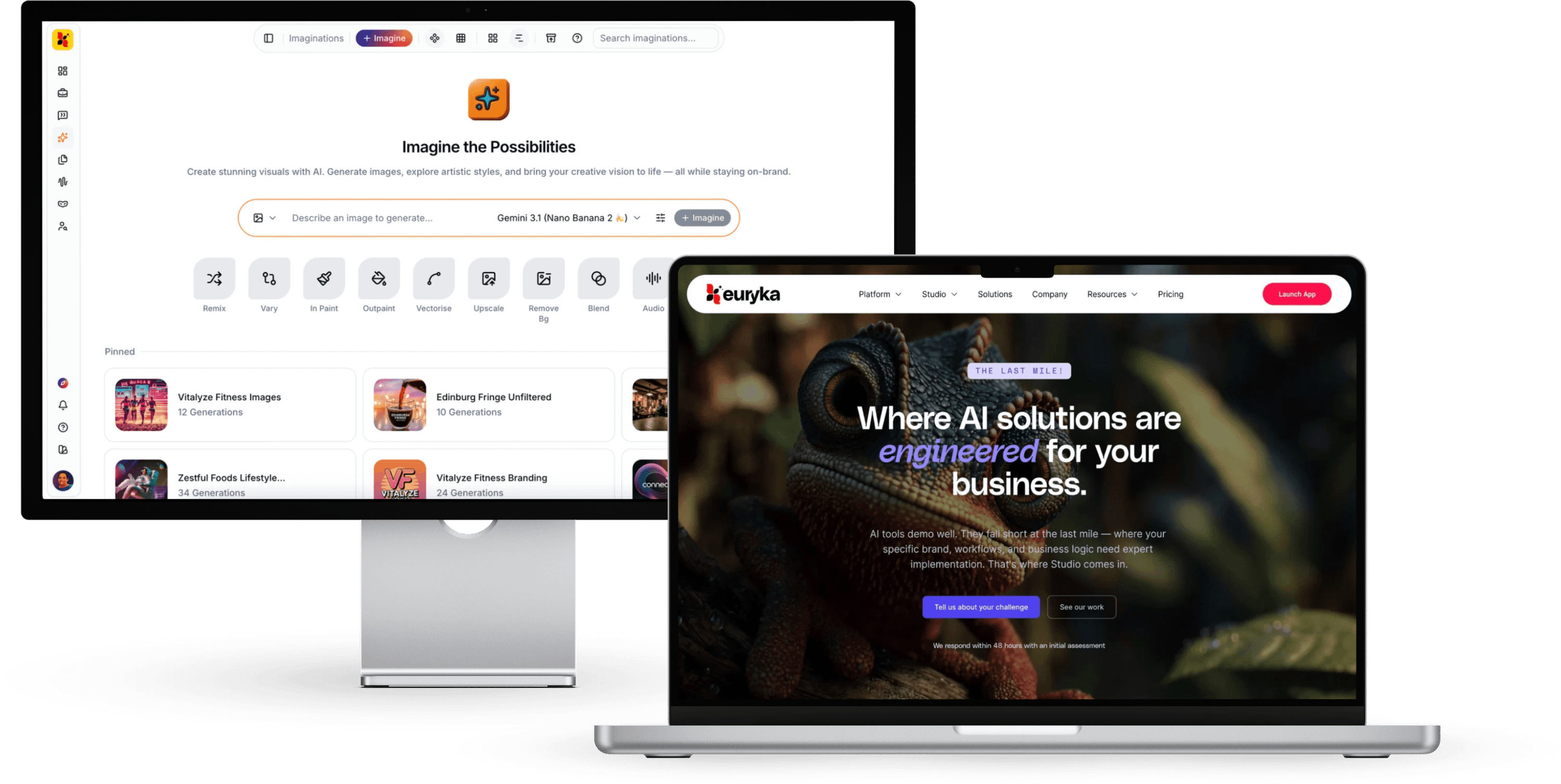 Euryka workspace dashboard with team collaboration features on left, brand context hub in center, and marketing website homepage with AI solutions messaging on right.