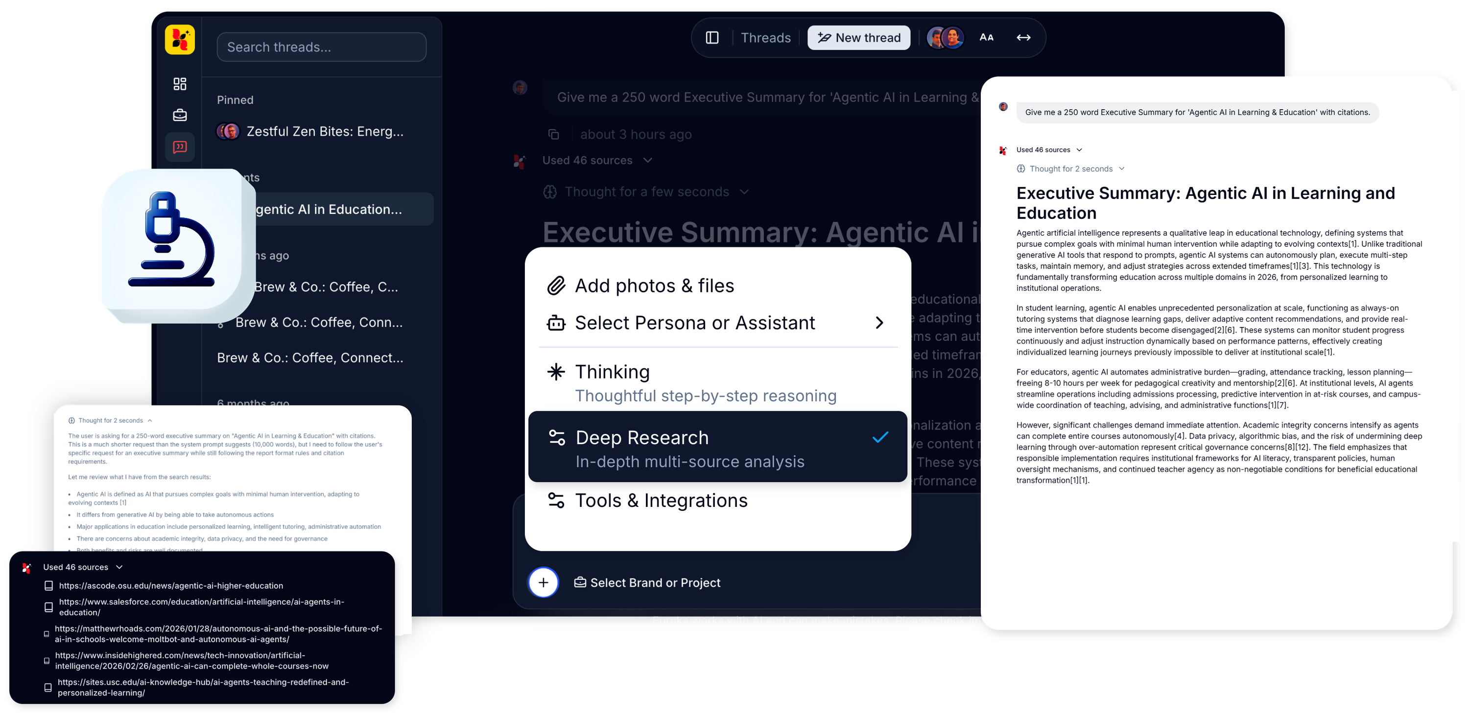 Euryka Deep Research interface showing a multi-source research report with citations and brand context applied