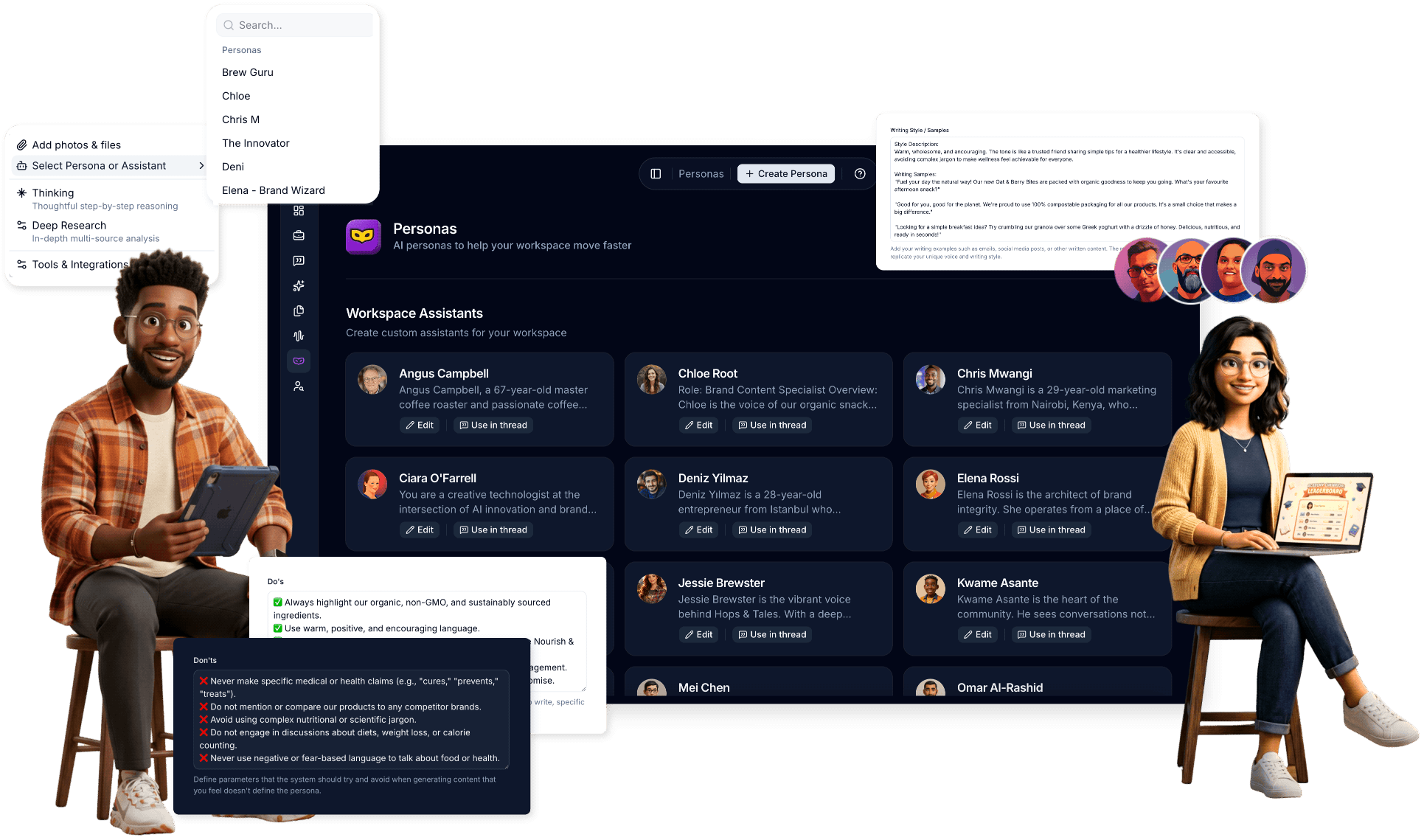 Euryka Characters interface showing custom AI personas with brand context, voice settings, and guardrails configured for a marketing team