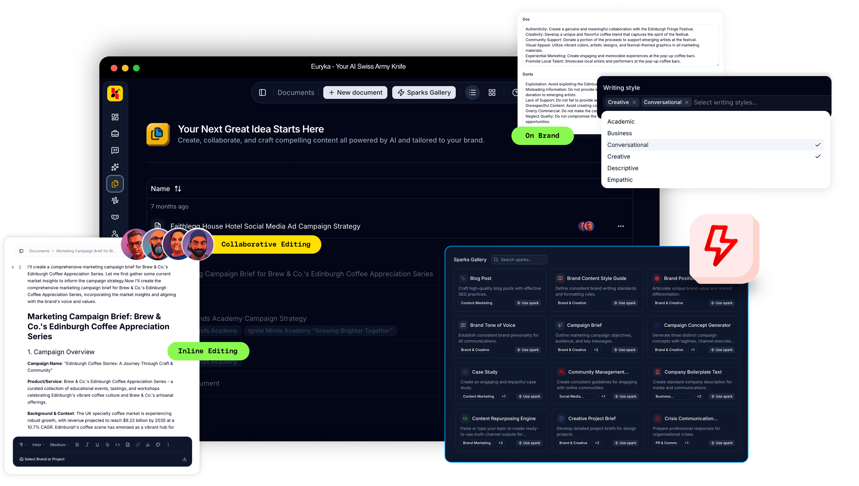 Euryka Docs editor showing content being written with Brand Hub context active and inline AI suggestions visible
