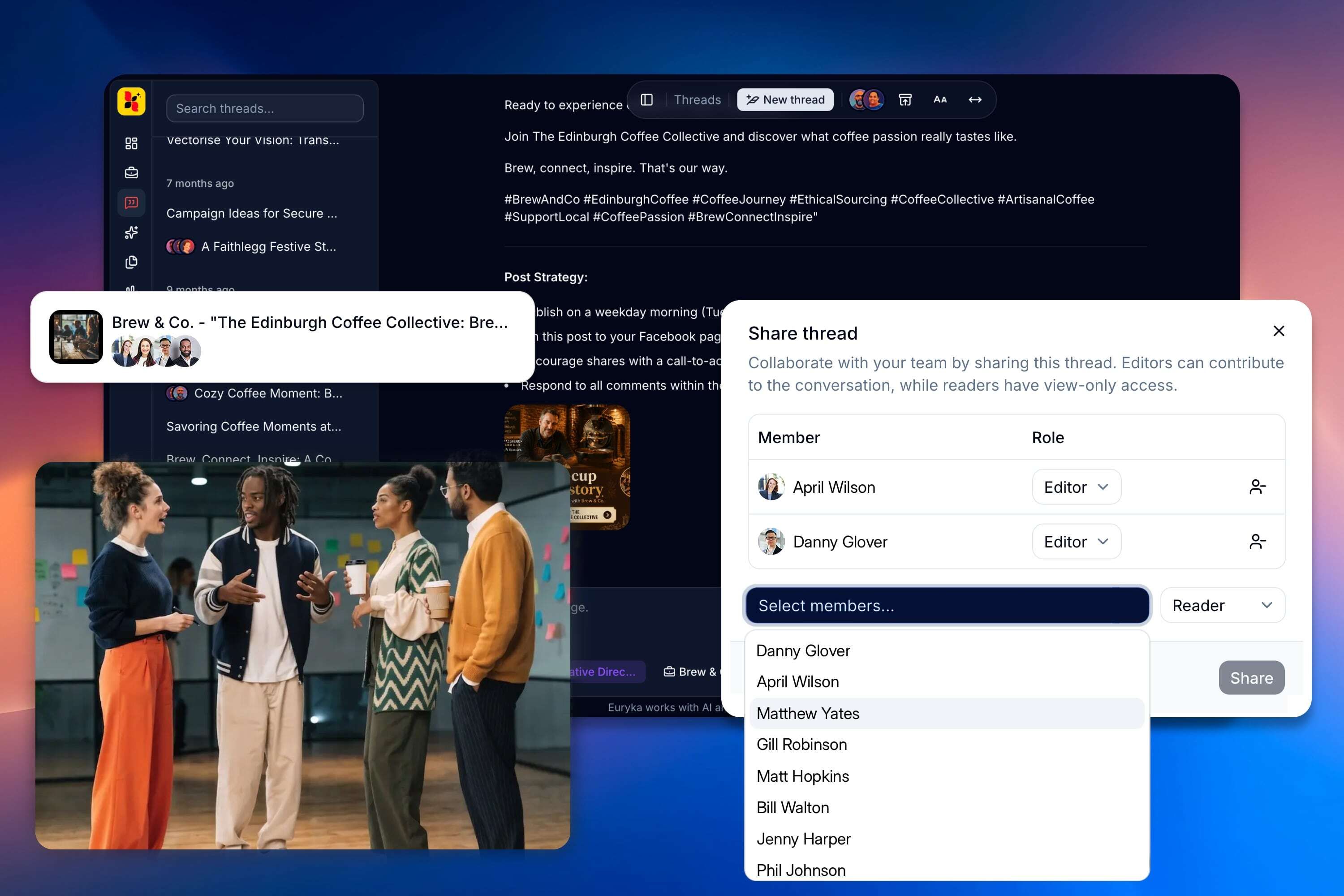 Collaborate — threads and personas in Euryka