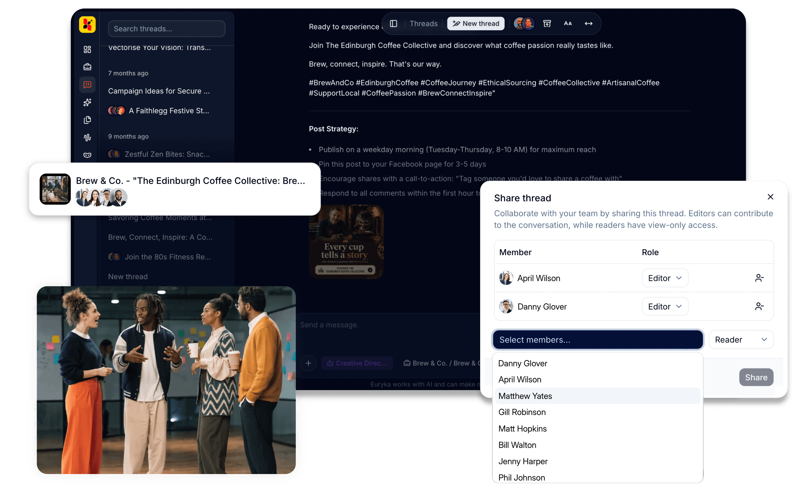 Threads UI — collaborative AI conversation with multiple models, file attachments, and team members