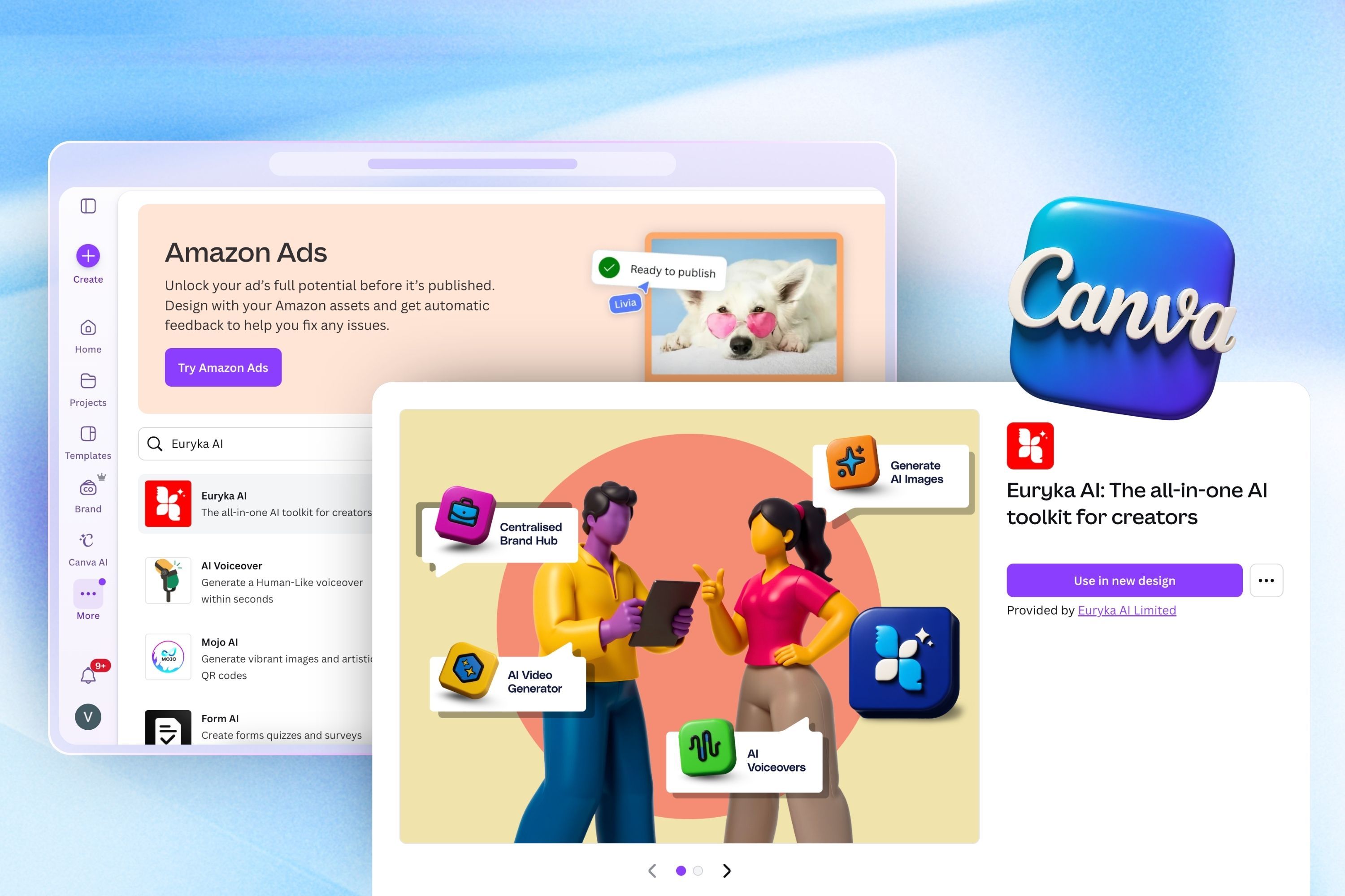 Euryka Canva App integration shown inside the Canva design canvas