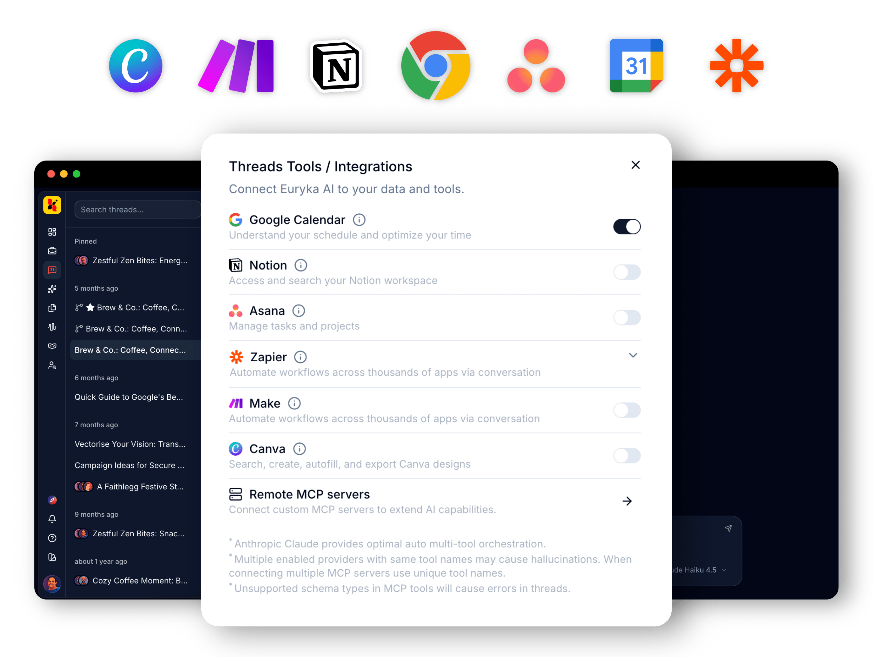 Euryka Extend — platform integrations and browser extension in action across multiple tools