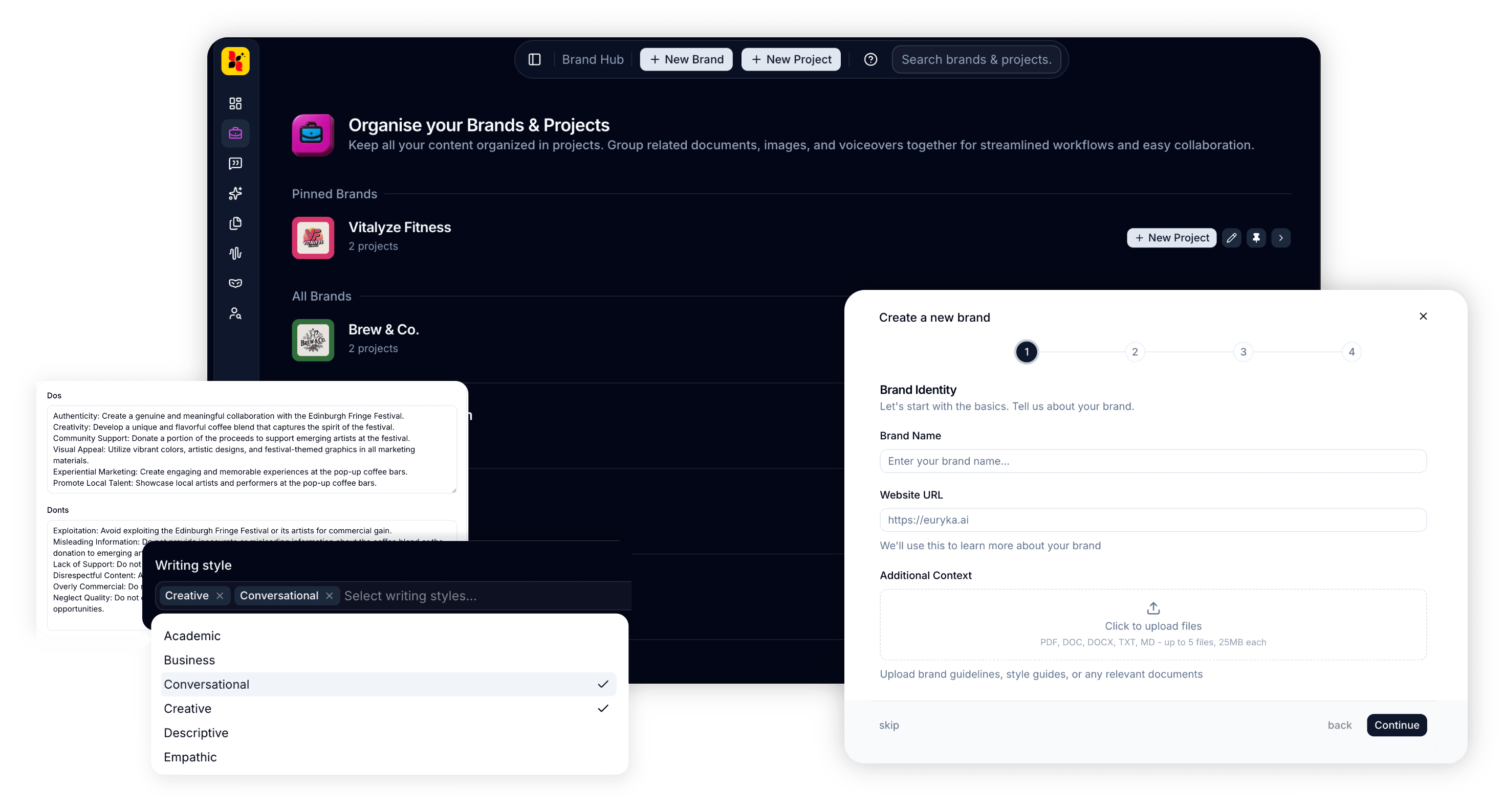 Brand Hub UI — Contextualise and organise your brand parameters, voice, tone and guardrails