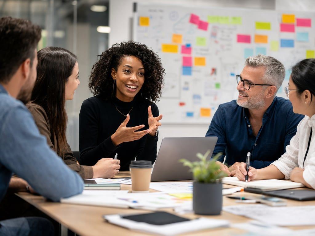 A professional presenting audience insights on a whiteboard during a strategy session