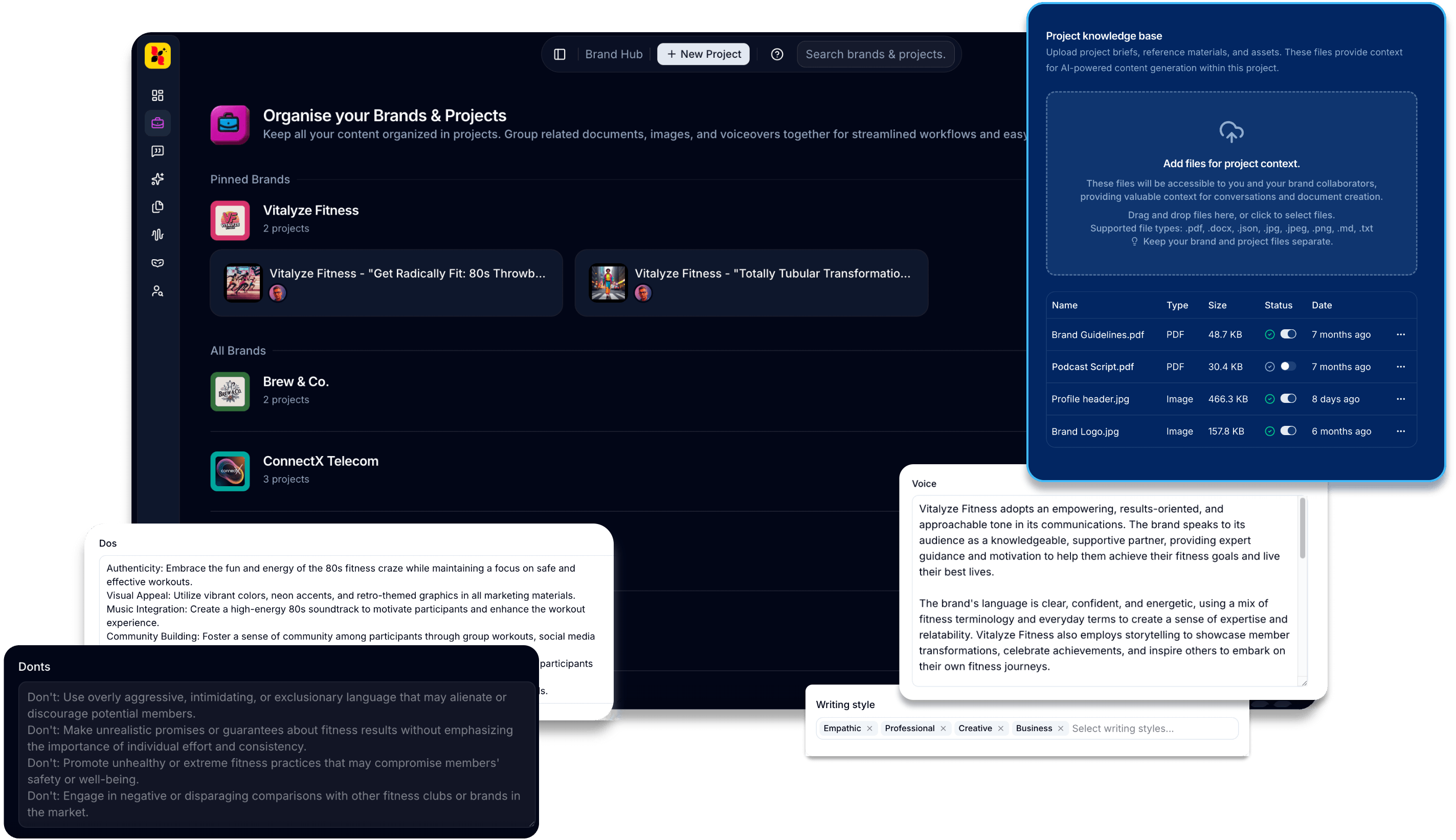Euryka Brand Hub Guardrails interface showing prohibited terms, compliance rules, and automatic output checking controls
