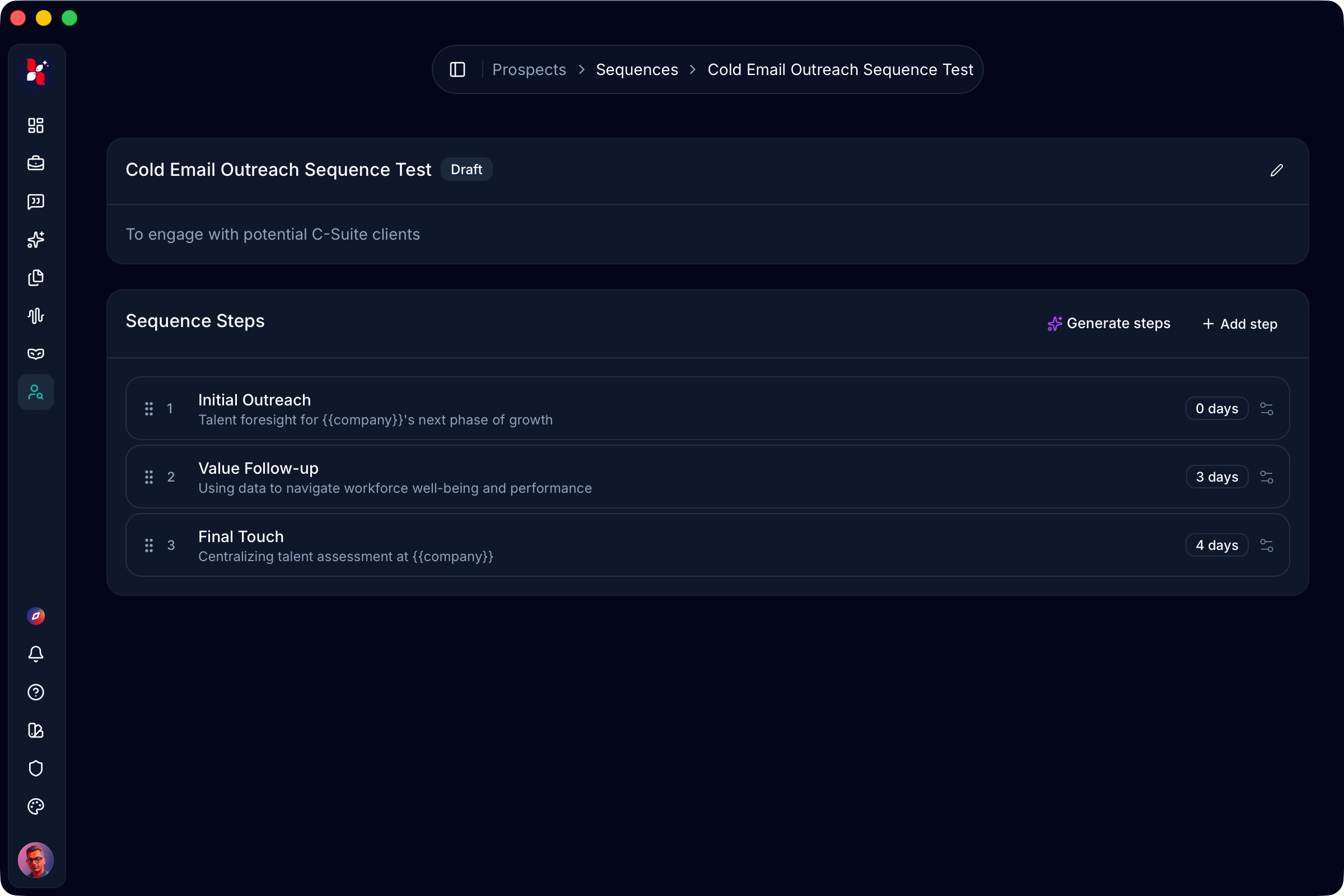 Outreach interface showing personalised email sequence builder with Brand Hub voice applied
