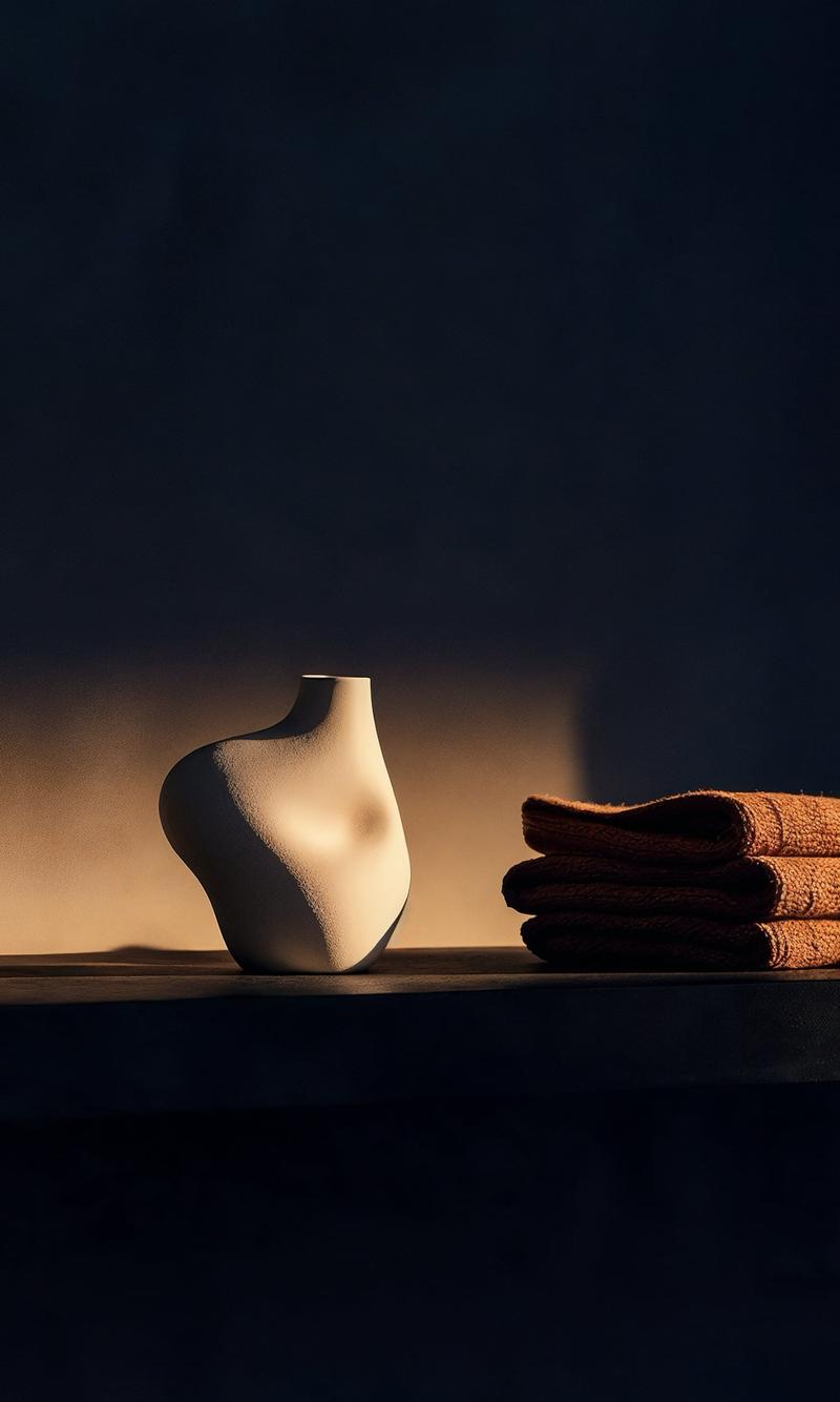 A pale ceramic vessel and folded ochre textiles lit on a dark shelf