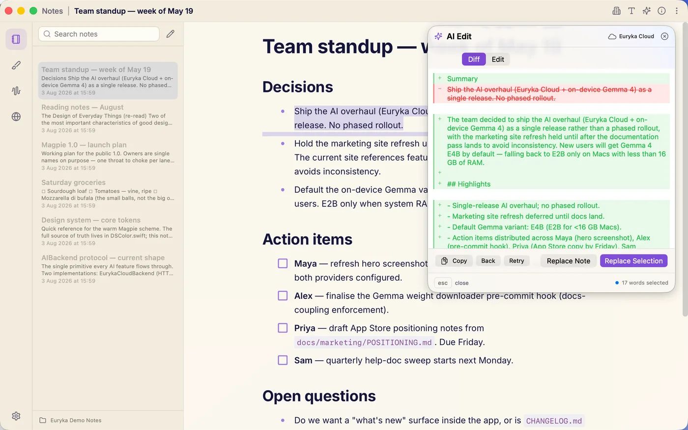 AI Edit panel showing a summarize result as a diff