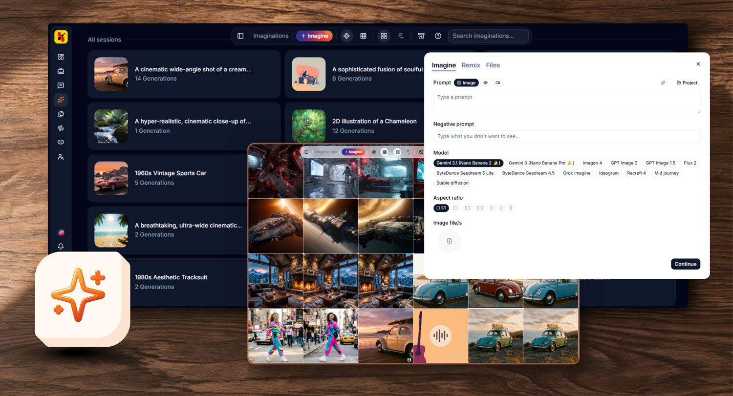 The Imaginations workspace in Euryka, showing generation sessions and a prompt panel with model options