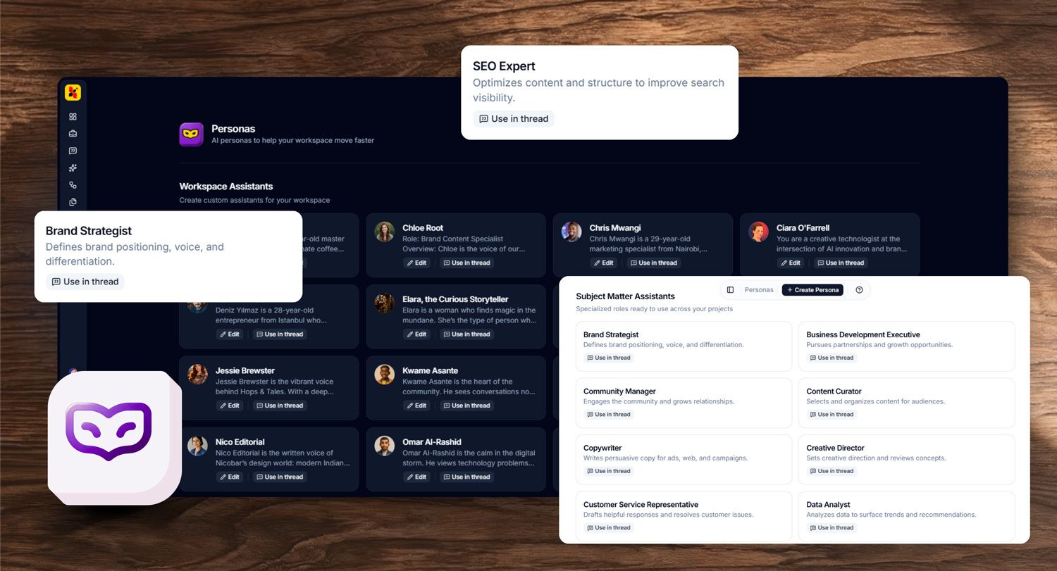 The Personas library in Euryka, showing specialist AI personas such as Brand Strategist and Copywriter