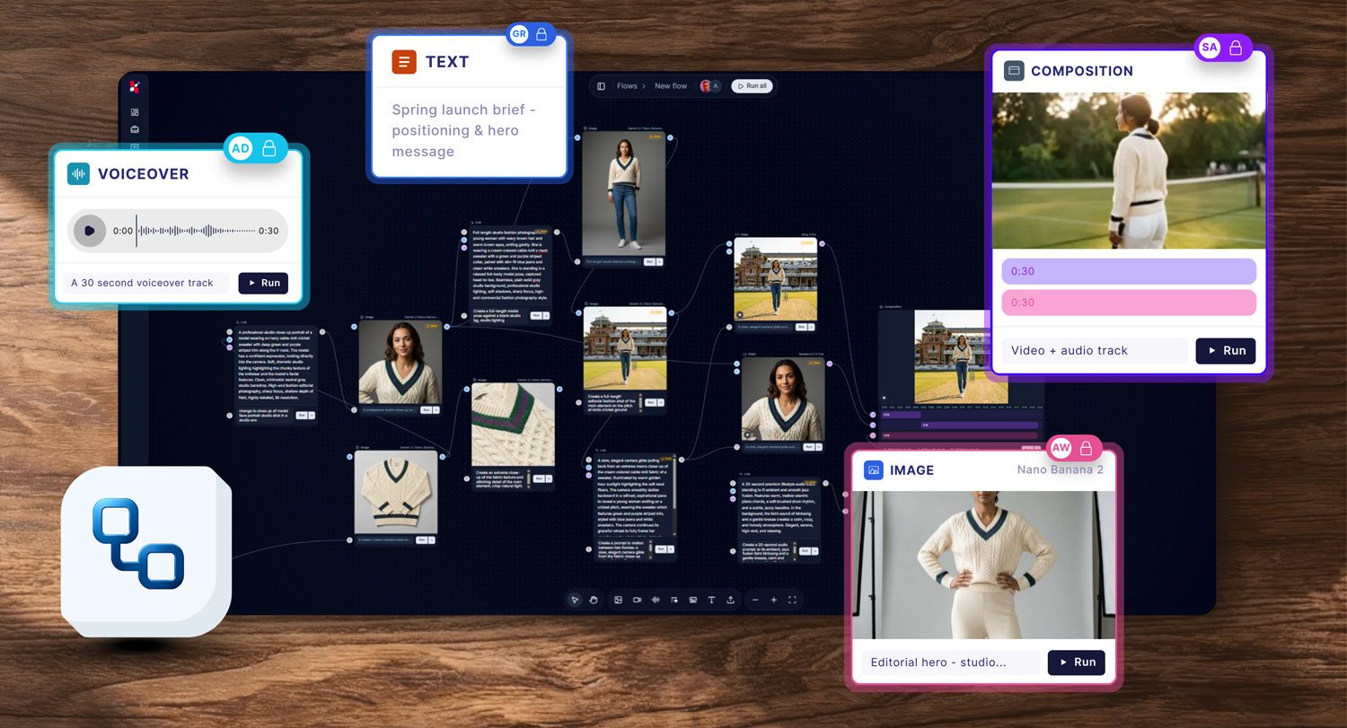 A Flow canvas in Euryka, wiring text, voiceover, image and composition nodes into one launch