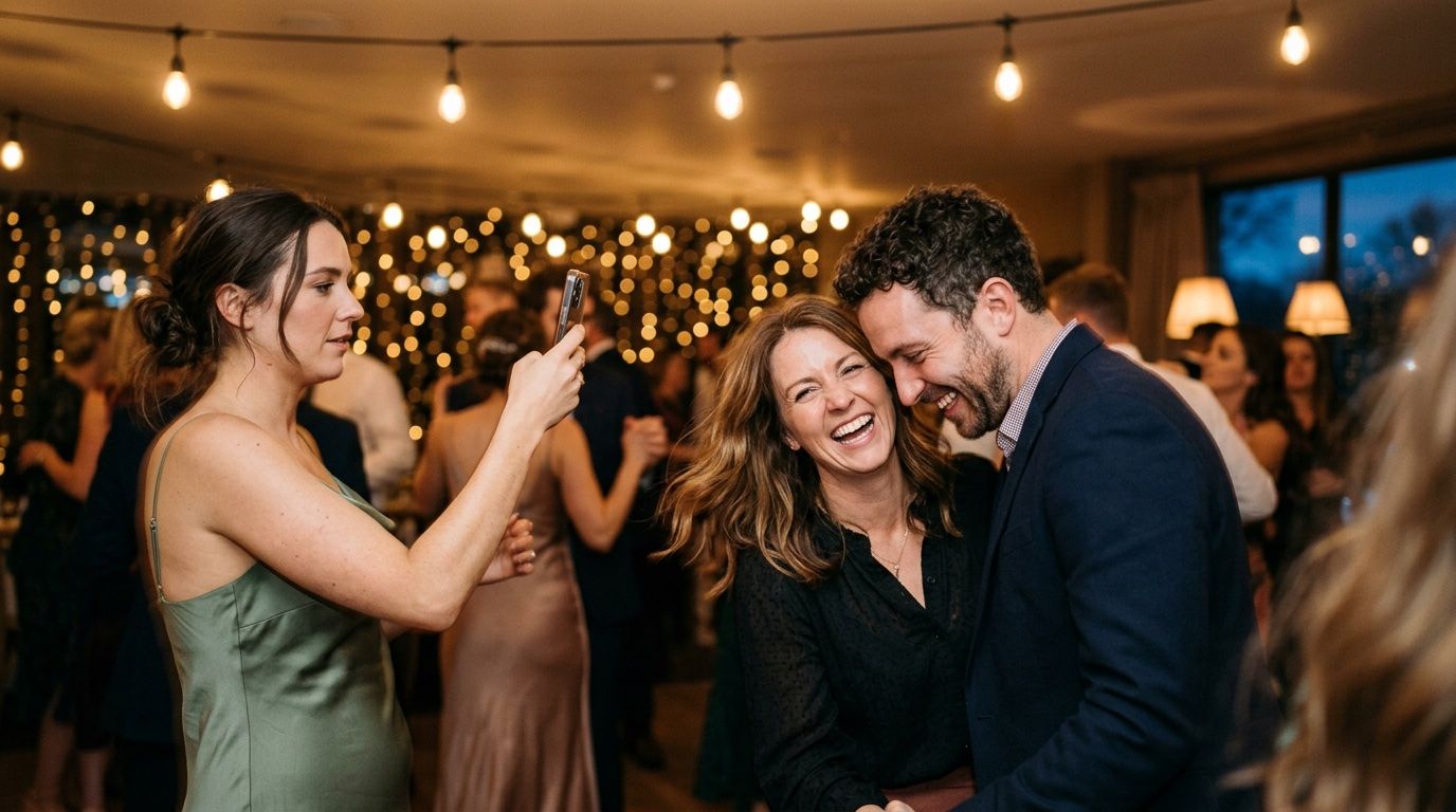 Wedding guests leaning together mid-laugh at a reception while another, in a sage silk dress, photographs them on her phone, the dance floor dissolving into warm bokeh behind them.