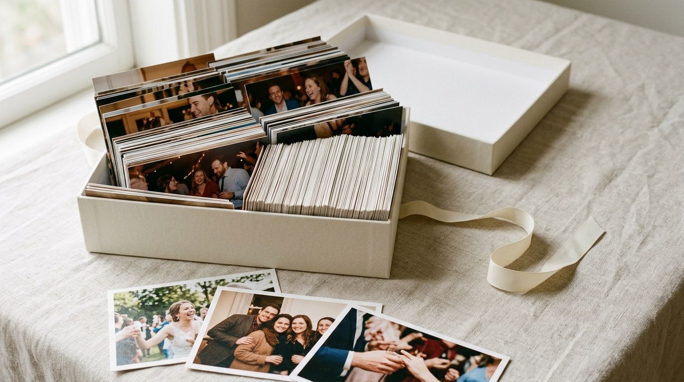 An open bone-white keepsake box on pale linen, packed with hundreds of matte prints standing upright in dense rows, a few resting loose in front of it.