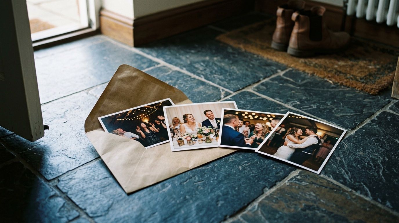An opened kraft envelope on a patterned hall floor just inside a front door, matte prints of the reception sliding out into the morning light.