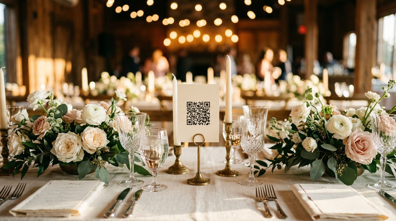 A dressed wedding reception table in golden hour: ivory linen, blush garden flowers, crystal glassware, and a plain cream QR card propped in a brass holder.