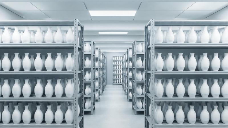 Shelves of identical plain white vases repeating down a bright aisle