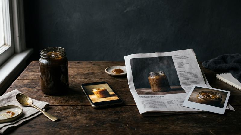 Assorted food brand packaging and menu materials scattered across a dark surface, each slightly different in tone