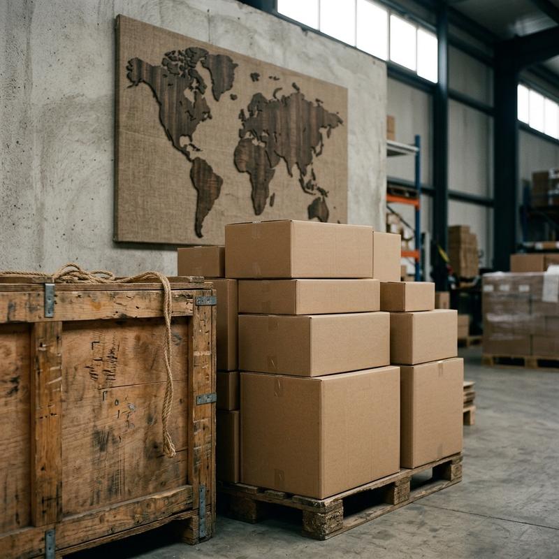 Export-ready food and beverage cartons labelled for international markets on a warehouse pallet