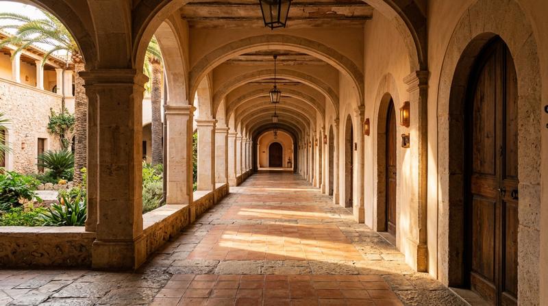 A hotel colonnade receding in one-point perspective with evenly spaced arches and rhythmic light