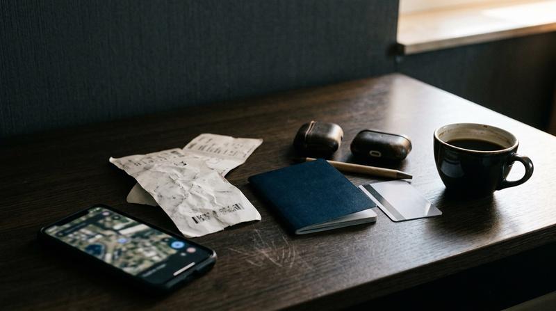 Scattered travel objects on a dark desk lit from conflicting directions