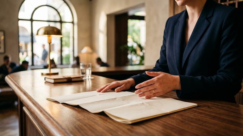 A concierge's hands gesturing over an unmarked map on a polished wooden desk in warm light