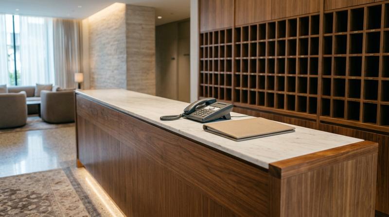 An empty hotel front desk at an off hour, well lit and unattended