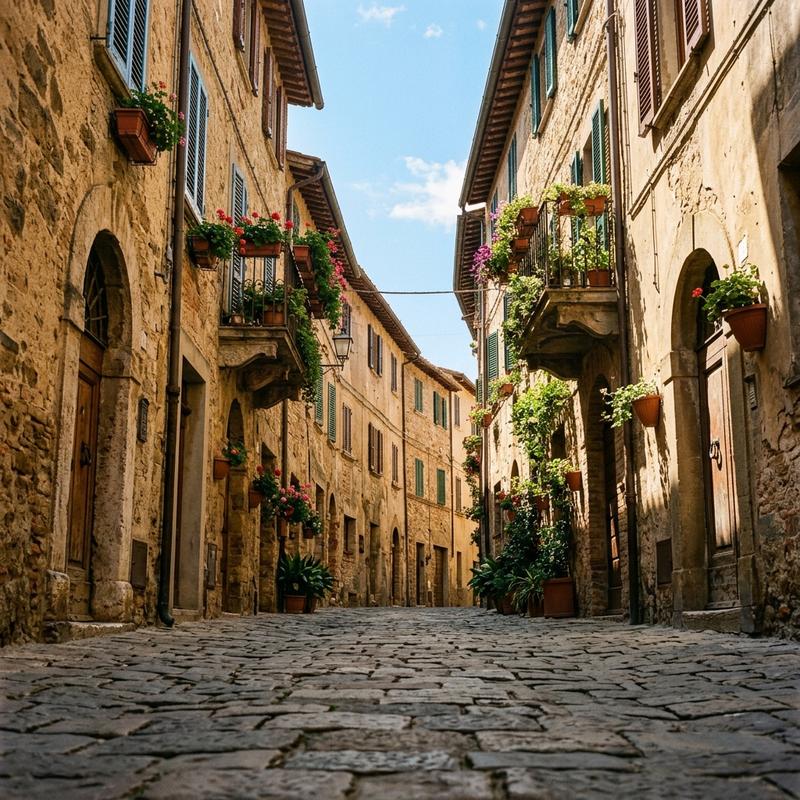 A sunlit old-town street with warm stone architecture and shuttered windows