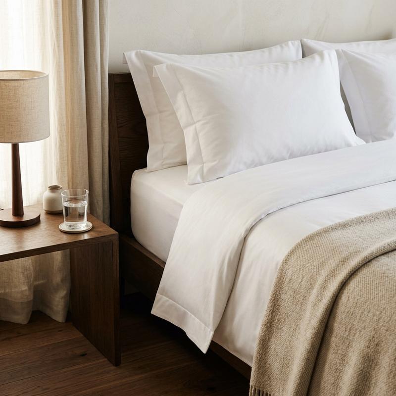 A precisely made hotel bed corner in crisp white linen with soft morning light