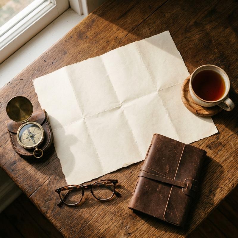 A tour designer's desk with an unmarked map, compass, glasses and notebook