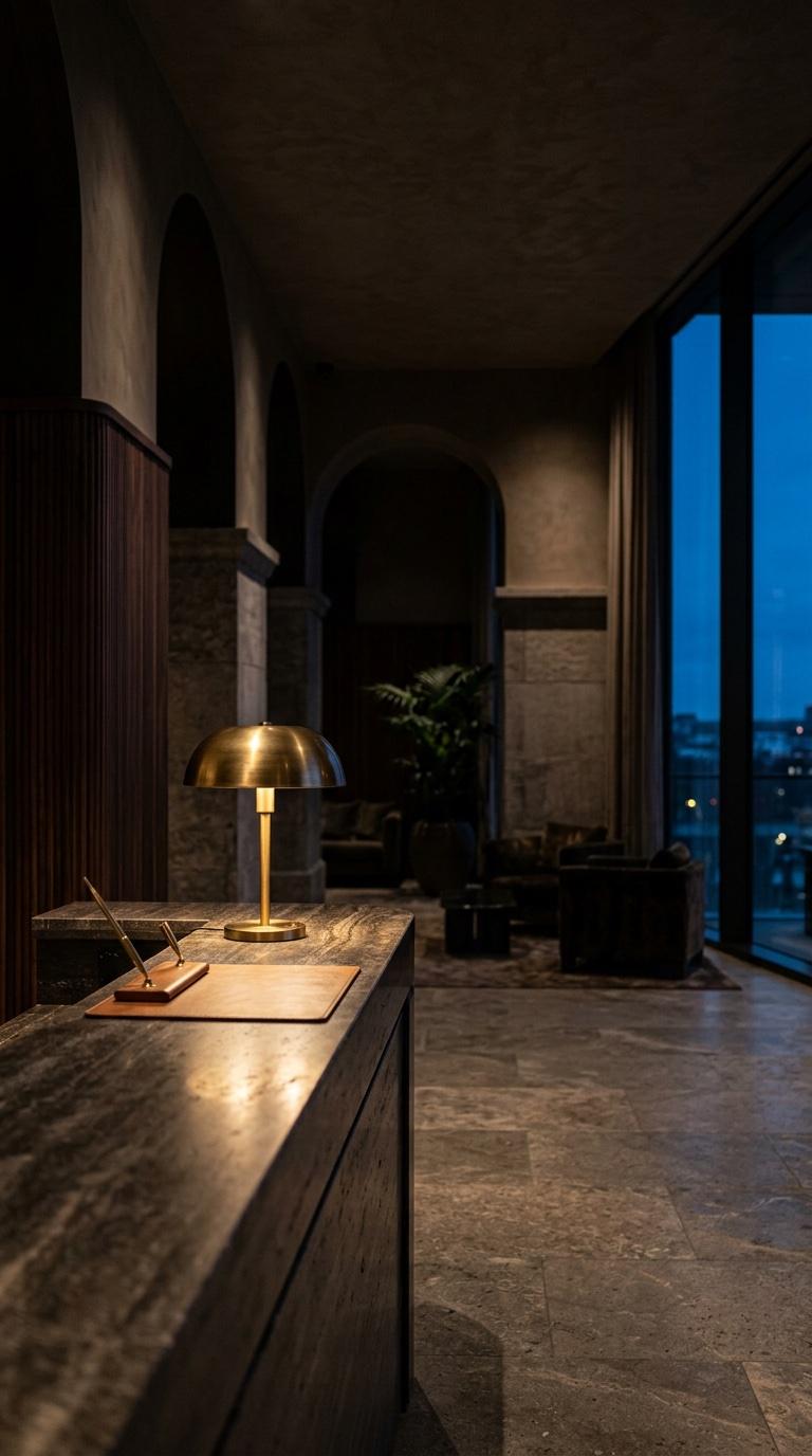 A quiet hotel lobby at dusk with a lit reception counter and deep shadowed architecture