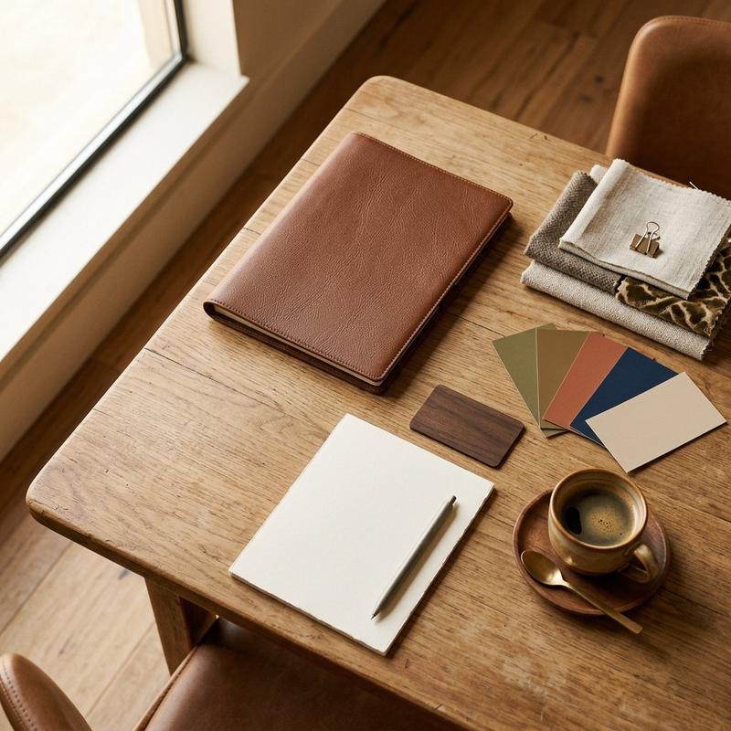 A hospitality strategy workshop table with a folio, swatches and blank pad in morning light