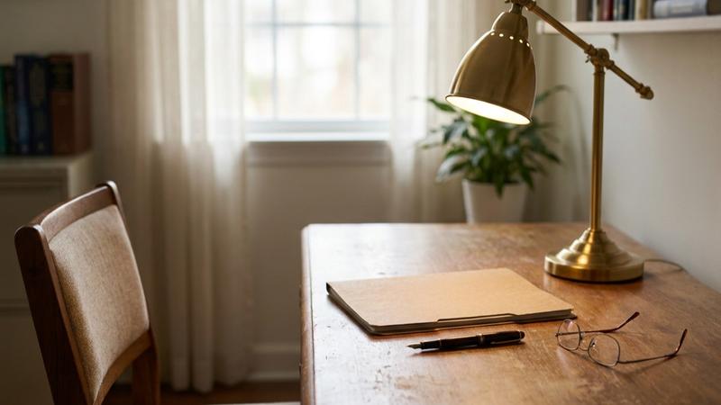 A clinician's review desk with an unmarked closed folder, fountain pen and warm brass lamp