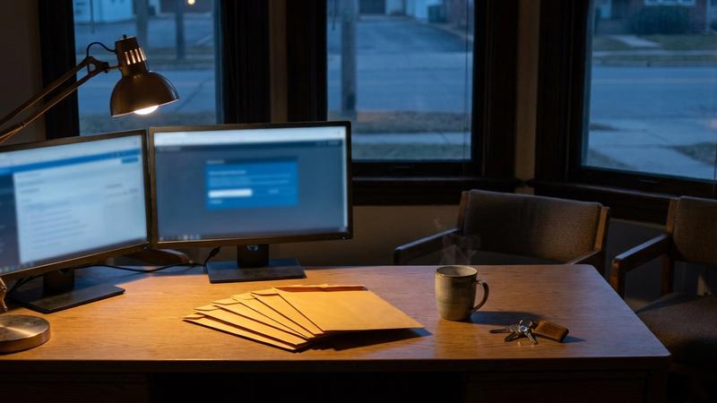 A clinic coordinator desk before opening, two monitors and a stack of face-down referral envelopes under a warm lamp