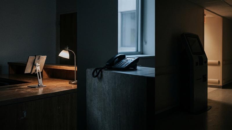 A dark reception counter after hours with unused devices lit from conflicting sources